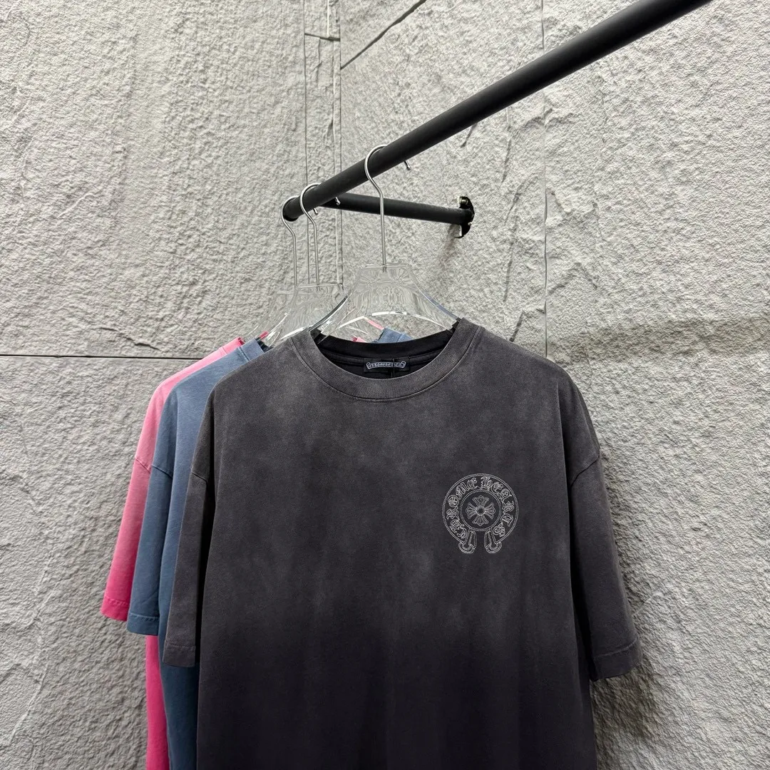 🅿️200 CH Croix Heart 2025 Summer New Style Heavy Acid Washing Gradient Distressing Chest Logo Classic Embroidery Customized Fabric Short Sleeve T-shirt Unisex Size: S M L